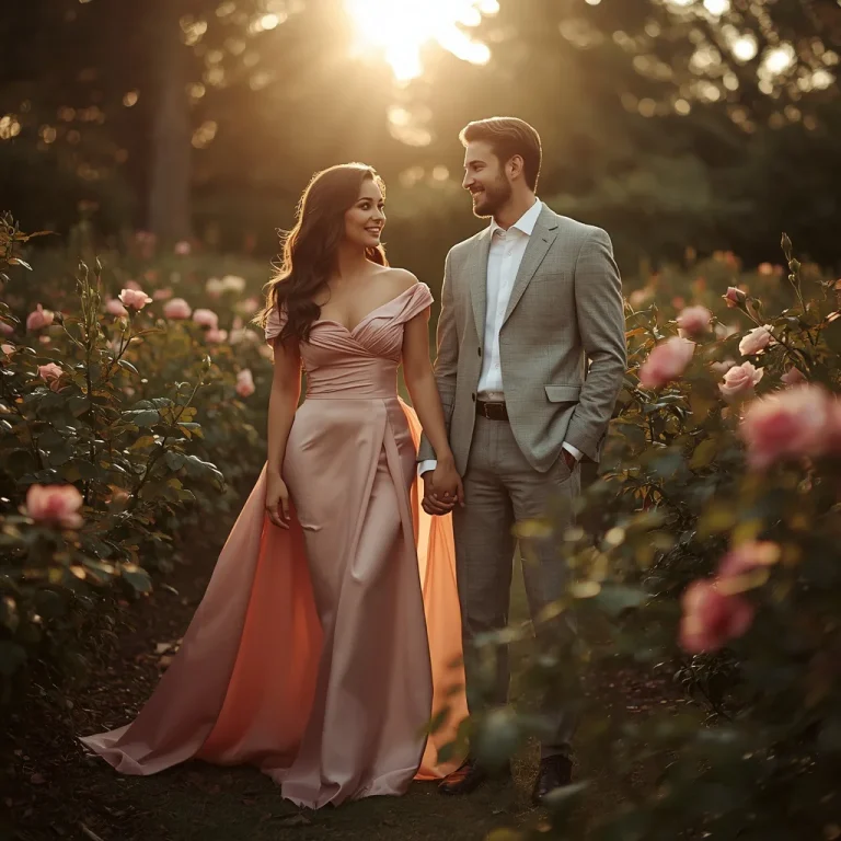 A Golden Hour Rose Garden Editorial of a Glamorous Couple | High-fashion Portrait Glamorous