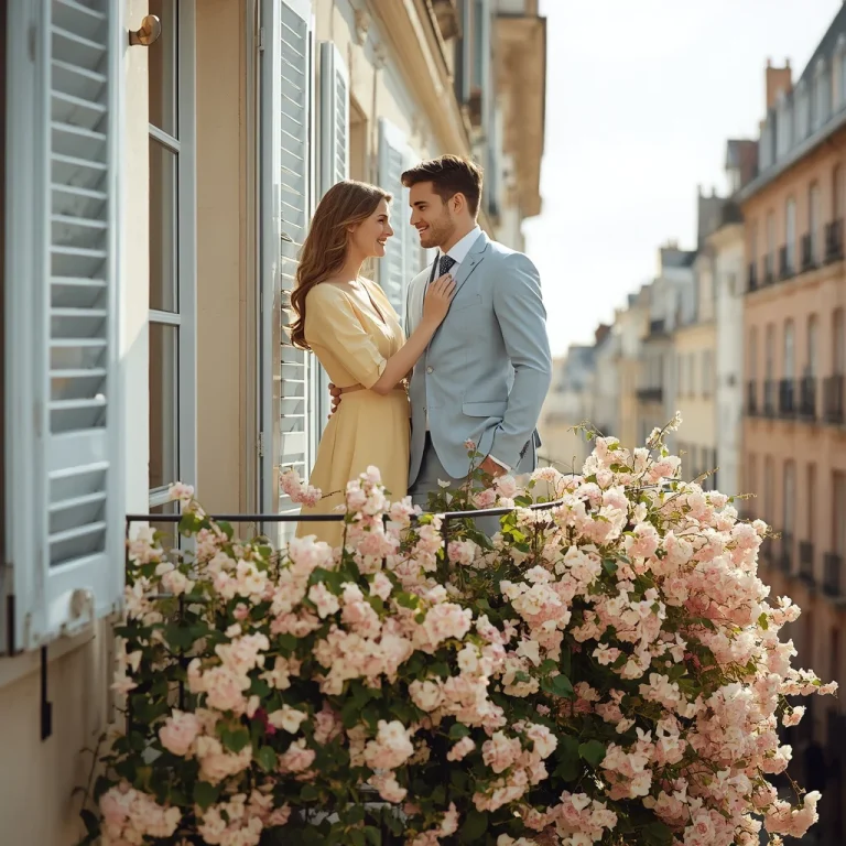 A Romantic Couple in Pastel Suits on a Flower Balcony | Romantic Portrait Young