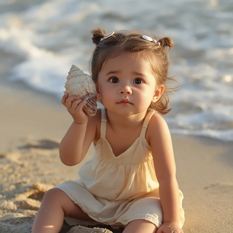 Beachside Storyteller: A Cute Girl with Seashells | Traditional Girl Prompt