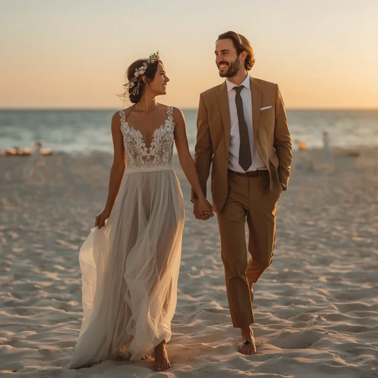 Bohemian Love Story: Couple at Sunset Beach Wedding | Prompt seen couple AI photo editing