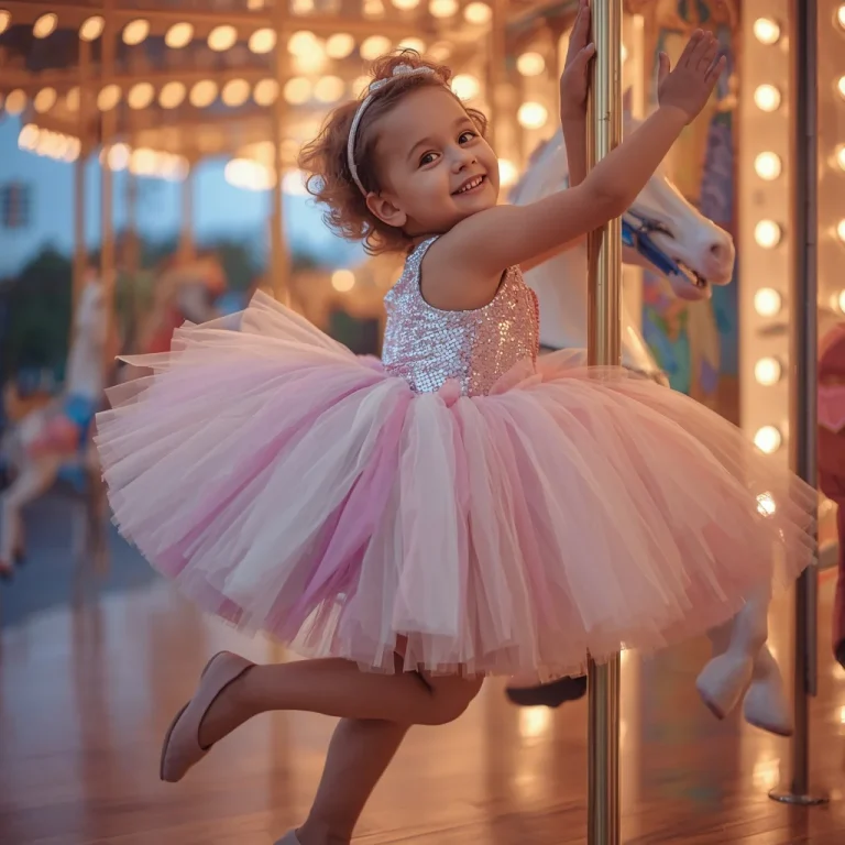 Cute Girl in Tulle Skirt: Magical Carousel Ride at Twilight | Cute Young Girl