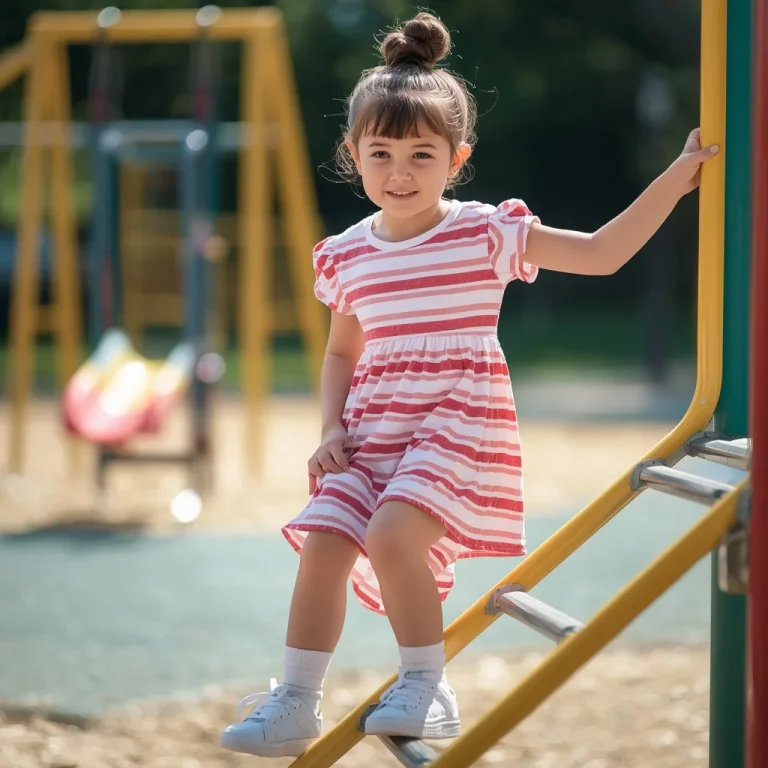 Cute Striped Cotton Dress for a Young Girl’s Park Adventure | prompt for Gemini girl style trending