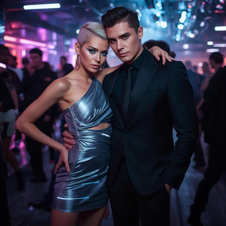 Futuristic Duo: High-Tech Party Elegance in Sleek Attire | Gemini AI photo prompt copy paste trending 2026