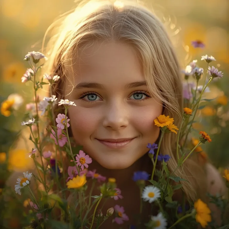Golden Hour Dreamer: A Beautiful Girl’s Radiant Smile Among Wildflowers | Best Realistic Prompt