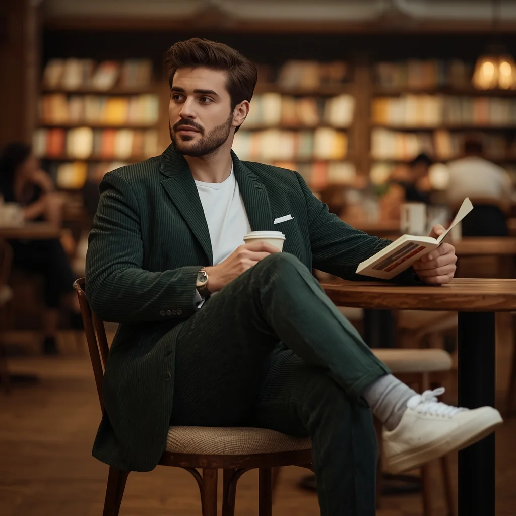 Modern Man in Corduroy Suit and Sneakers in Bookstore Cafe | Trending prompt for men instagram