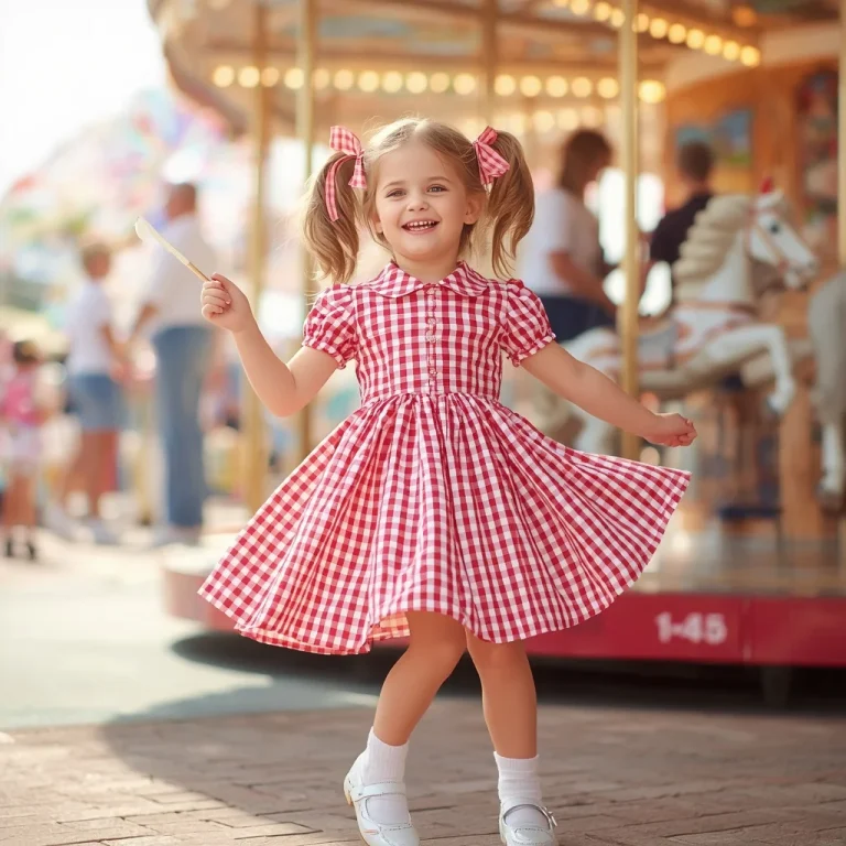 Playful Gingham Dress: Retro Charm at a Summer Fair | Cute Young Girl
