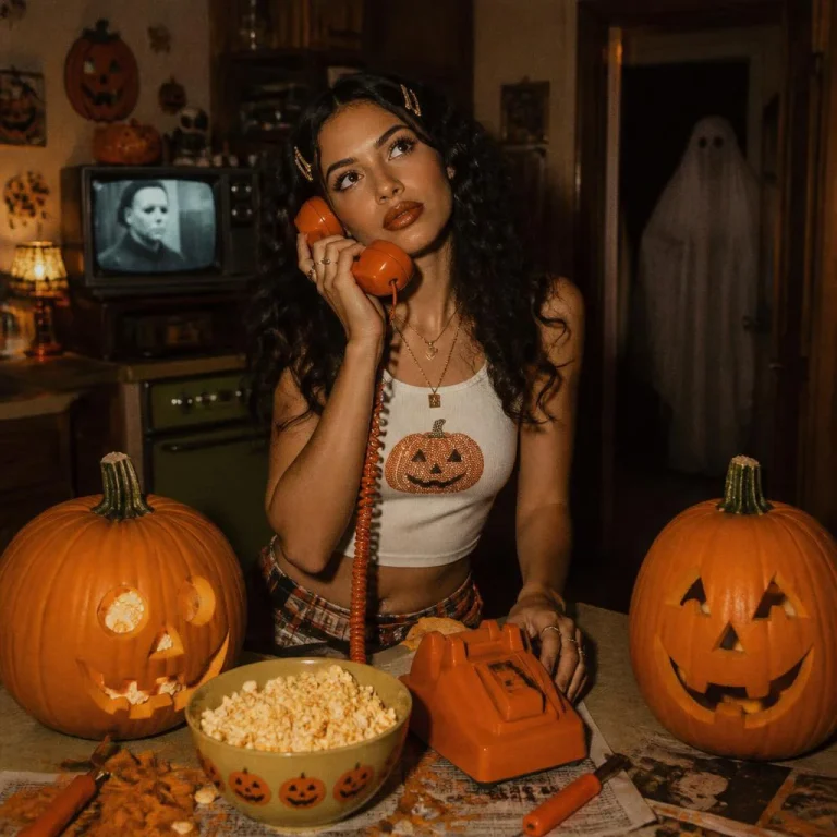 Retro Spooky Fun: A Cute Girl’s Y2K Halloween in a Vintage Kitchen | Pose Ai Prompt